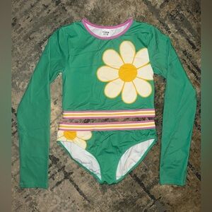 Mini Boden Green Daisy Long-Sleeve Kids Swim Set with Yellow & White Flower